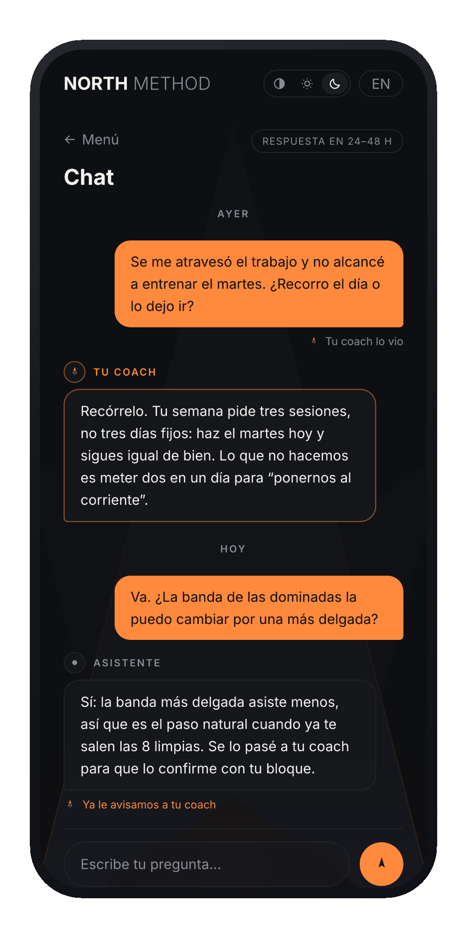 The chat with your coach inside the app